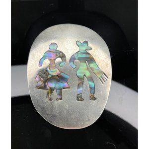 Large Mexican Sterling Silver Pendant Brooch With Abalone Shell Inlaid Couple
